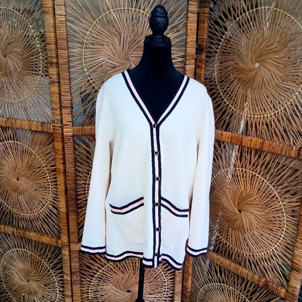 Anne Klein Elegant Cream And Pink Preppy Varsity Cardigan Sweater_Large